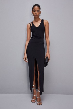 Patrizia Pepe Essential Technical Jersey V-neck Dress μαυρα | NZHAWCB-59